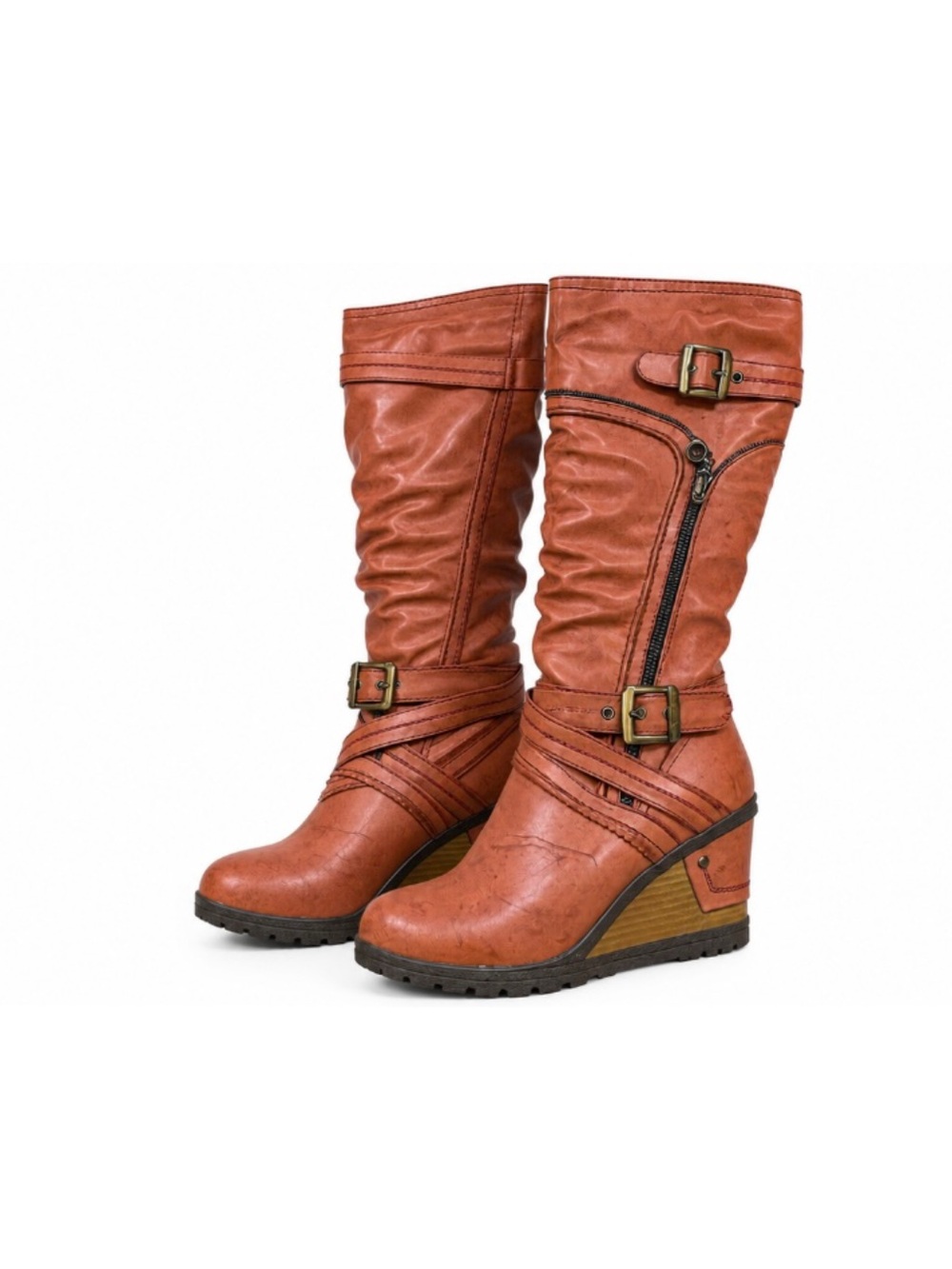 Vintage Cognac Tan Wedge Knee-High Boots with Buckle Trim